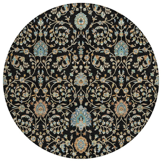 8' Black And Graphite Round Floral Washable Indoor Outdoor Area Rug