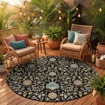8' Black And Graphite Round Floral Washable Indoor Outdoor Area Rug