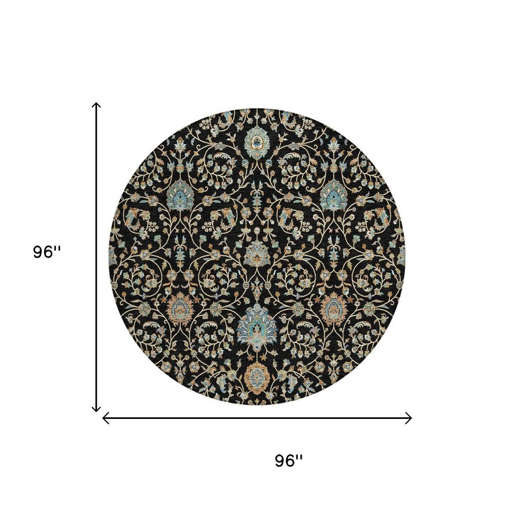 8' Black And Graphite Round Floral Washable Indoor Outdoor Area Rug — view 4