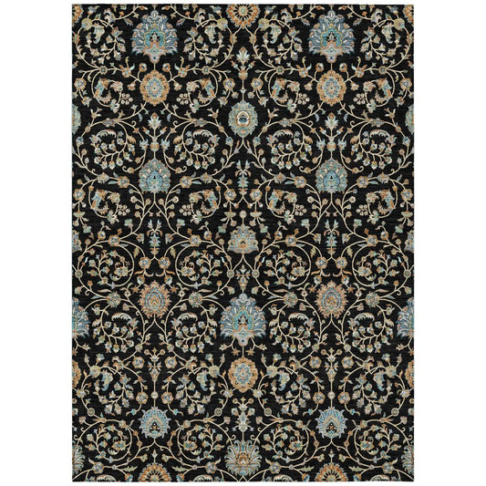 8' X 10' Black And Graphite Floral Washable Indoor Outdoor Area Rug