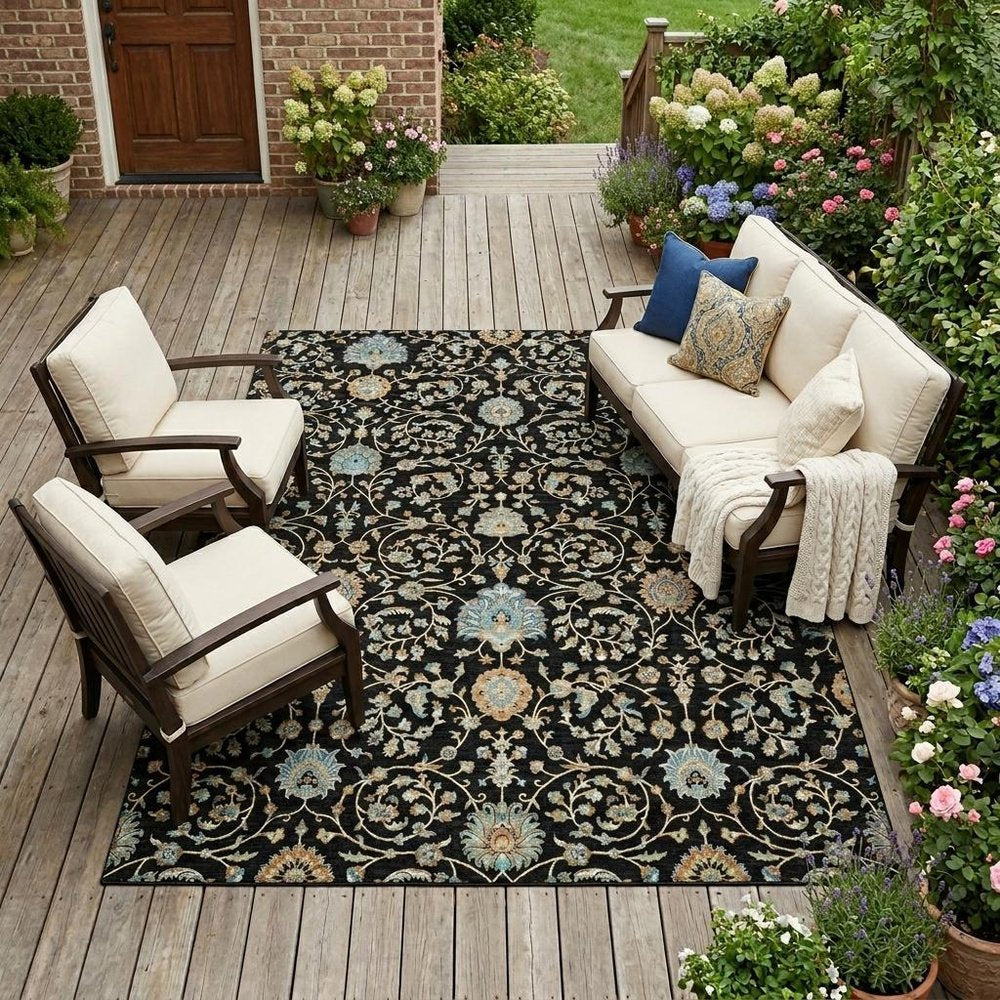 8' X 10' Black And Graphite Floral Washable Indoor Outdoor Area Rug — view 5