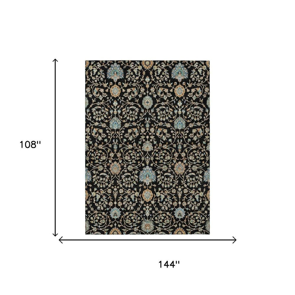 9' X 12' Black And Graphite Floral Washable Indoor Outdoor Area Rug — view 4