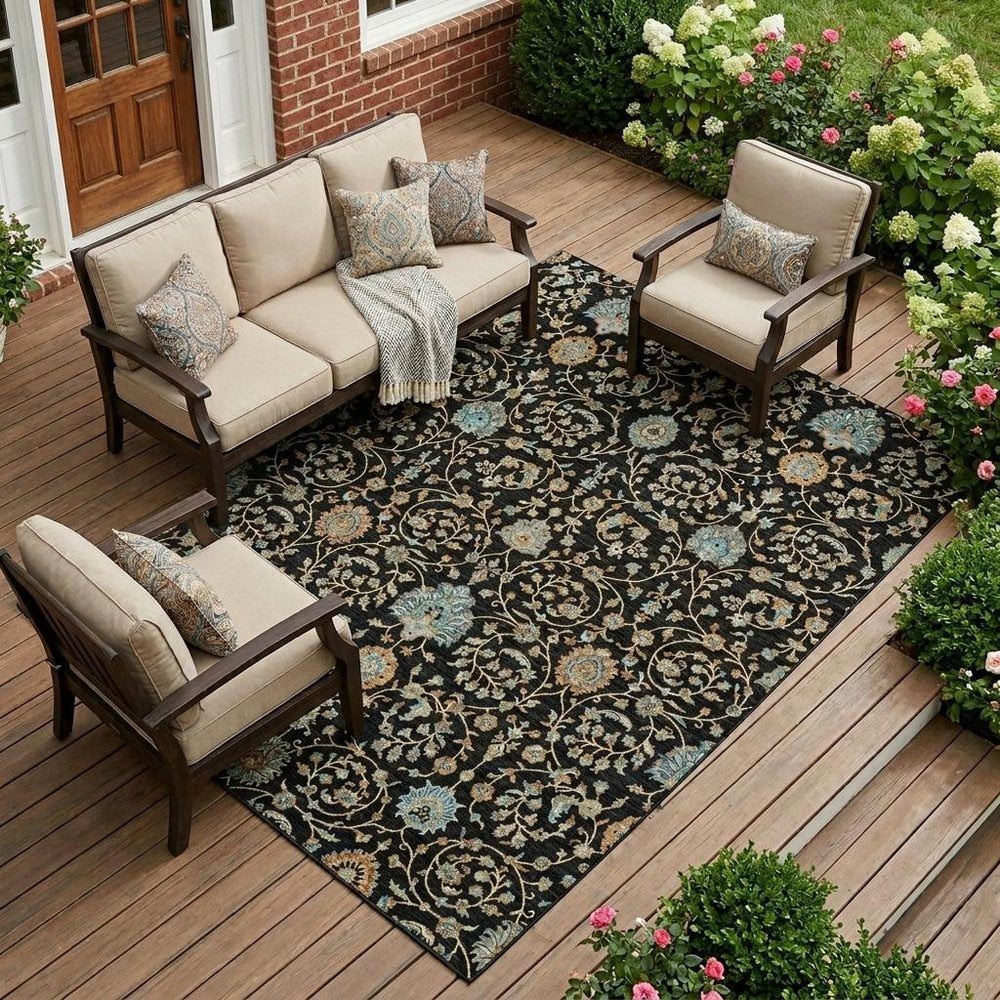 9' X 12' Black And Graphite Floral Washable Indoor Outdoor Area Rug — view 5