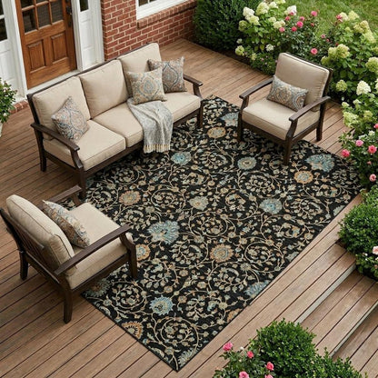 9' X 12' Black And Graphite Floral Washable Indoor Outdoor Area Rug HomeRoots