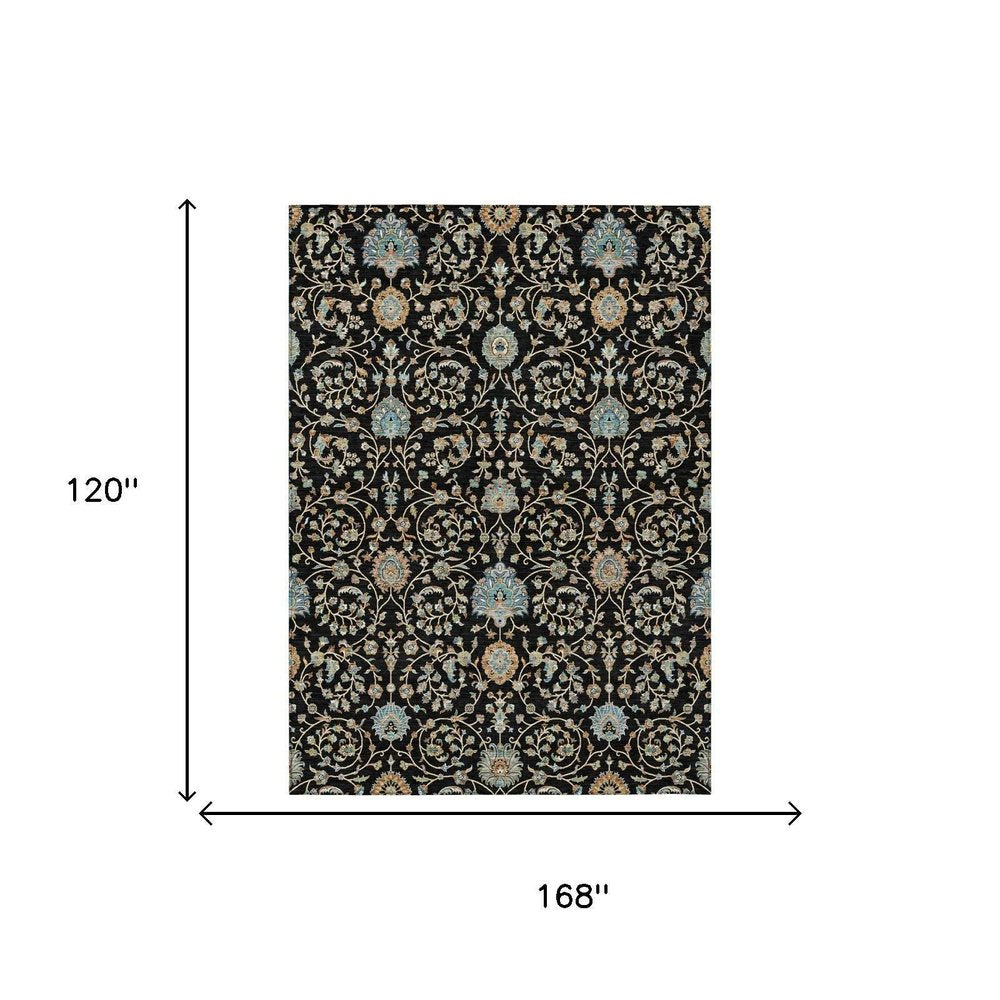 10' X 14' Black And Graphite Floral Washable Indoor Outdoor Area Rug — view 4