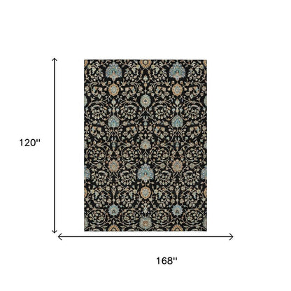 10' X 14' Black And Graphite Floral Washable Indoor Outdoor Area Rug