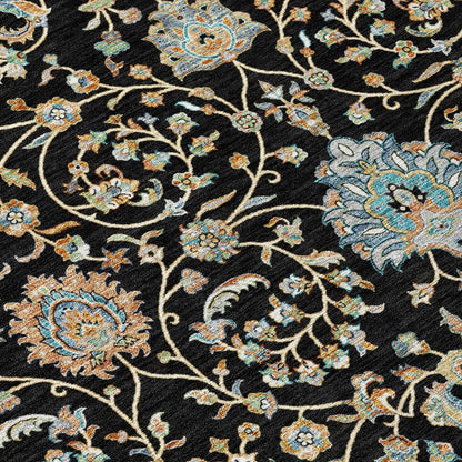 10' X 14' Black And Graphite Floral Washable Indoor Outdoor Area Rug