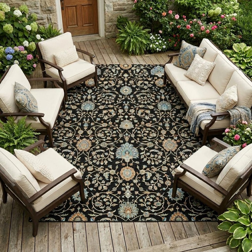 10' X 14' Black And Graphite Floral Washable Indoor Outdoor Area Rug