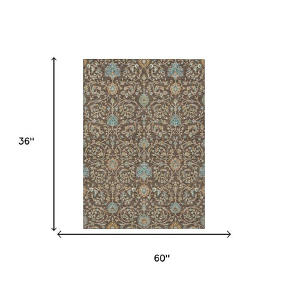 3' X 5' Coffee And Brown Floral Washable Indoor Outdoor Area Rug