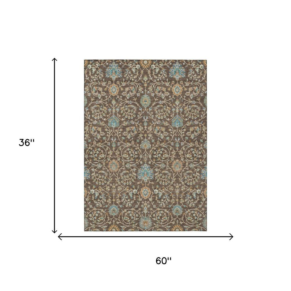 3' X 5' Coffee And Brown Floral Washable Indoor Outdoor Area Rug HomeRoots