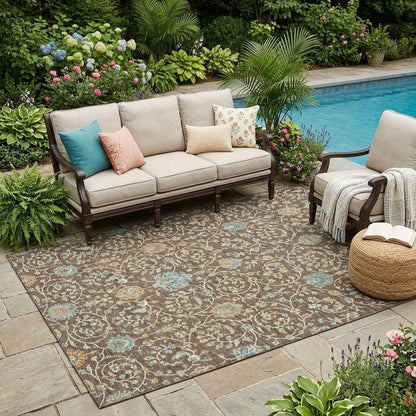 5' X 8' Coffee And Brown Floral Washable Indoor Outdoor Area Rug HomeRoots