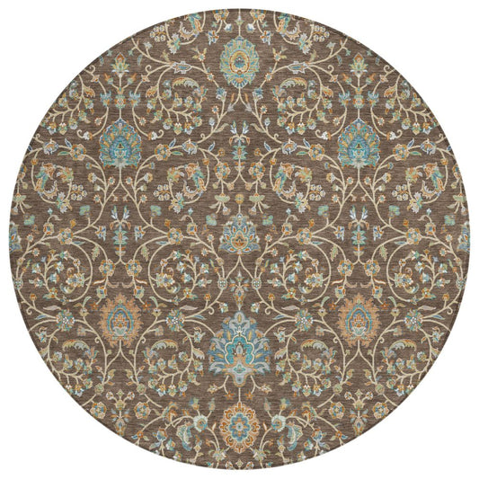 8' Coffee And Brown Round Floral Washable Indoor Outdoor Area Rug