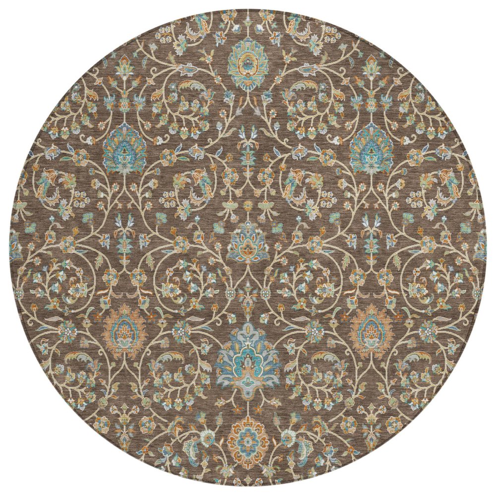 8' Coffee And Brown Round Floral Washable Indoor Outdoor Area Rug — view 1