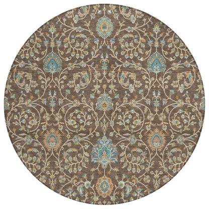 8' Coffee And Brown Round Floral Washable Indoor Outdoor Area Rug HomeRoots