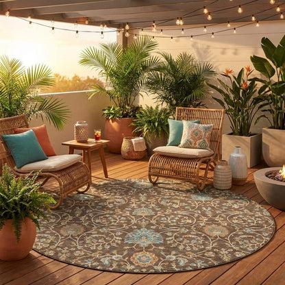 8' Coffee And Brown Round Floral Washable Indoor Outdoor Area Rug HomeRoots