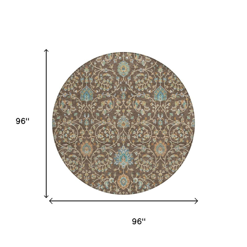 8' Coffee And Brown Round Floral Washable Indoor Outdoor Area Rug — view 4