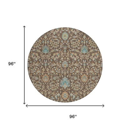 8' Coffee And Brown Round Floral Washable Indoor Outdoor Area Rug HomeRoots