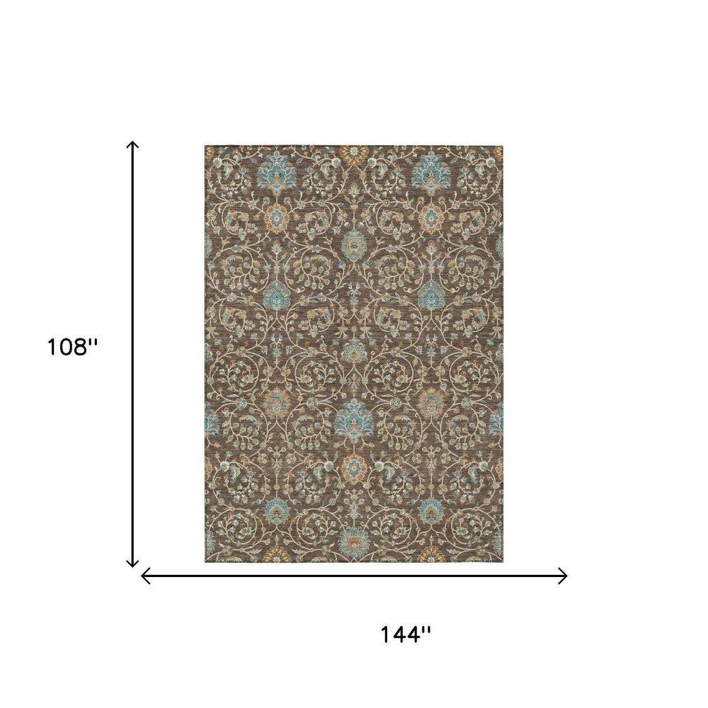 9' X 12' Coffee And Brown Floral Washable Indoor Outdoor Area Rug HomeRoots