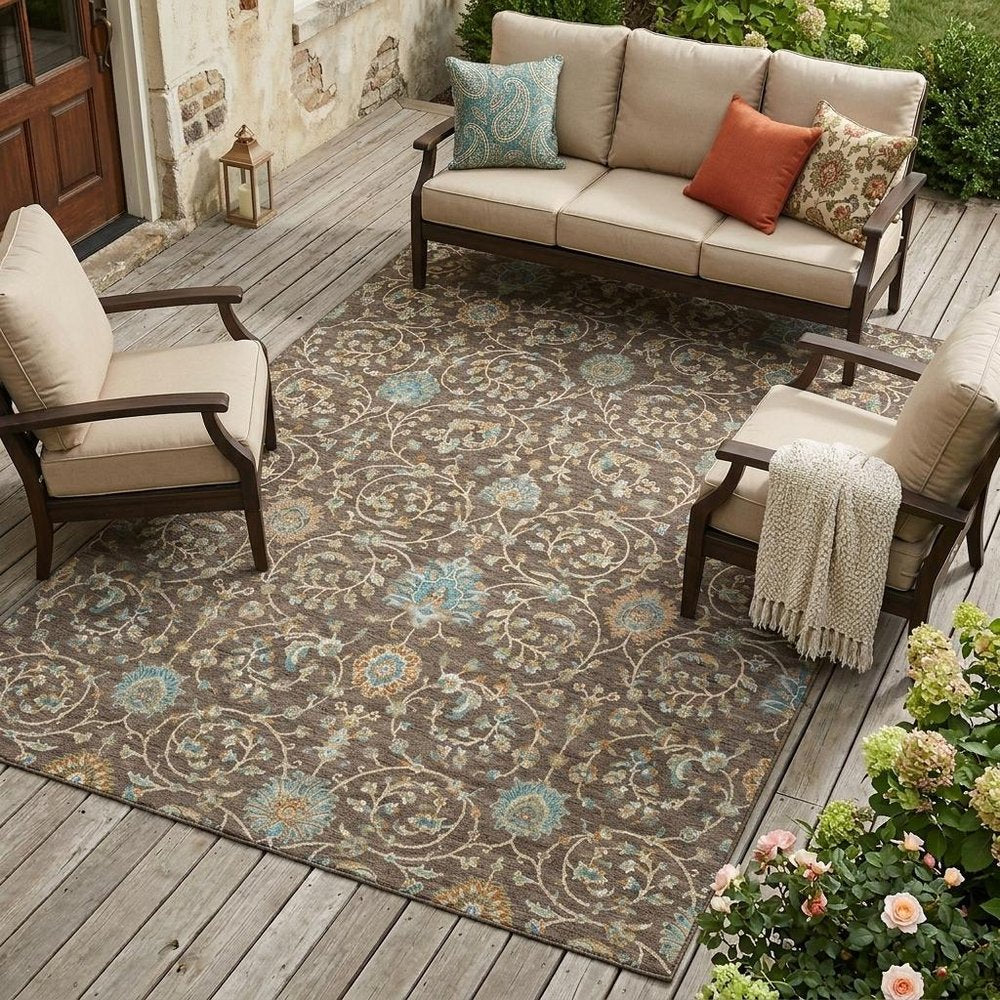 9' X 12' Coffee And Brown Floral Washable Indoor Outdoor Area Rug — view 5