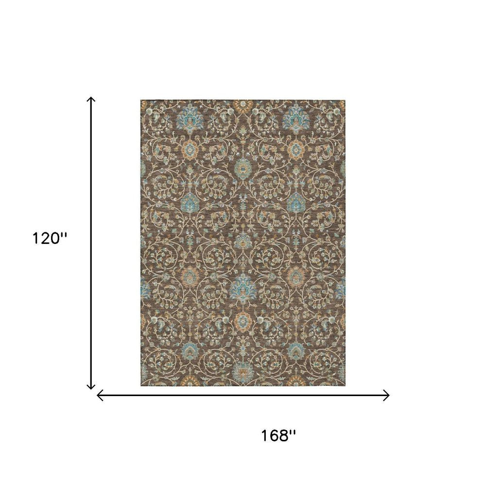 10' X 14' Coffee And Brown Floral Washable Indoor Outdoor Area Rug — view 4