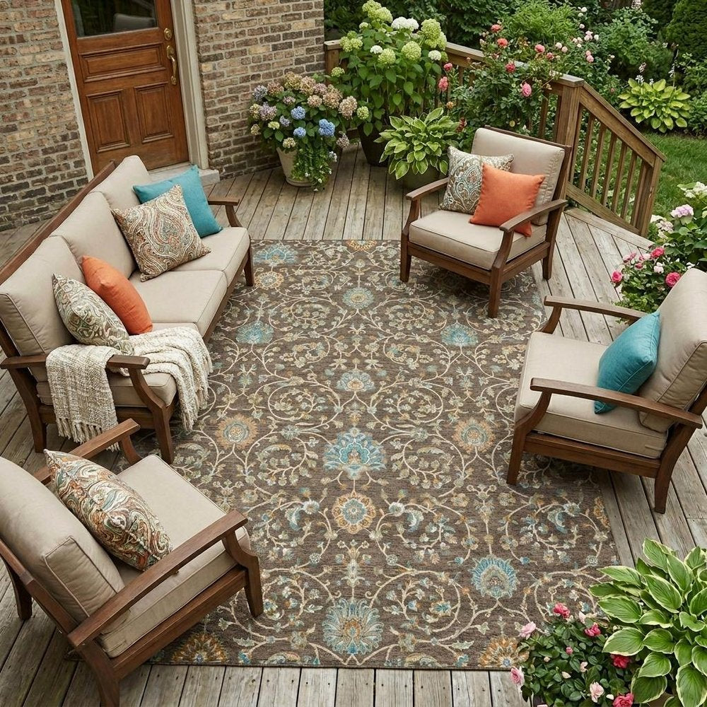 10' X 14' Coffee And Brown Floral Washable Indoor Outdoor Area Rug HomeRoots