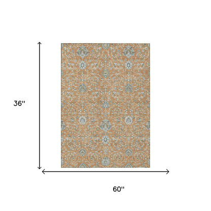 3' X 5' Copper And Orange Floral Washable Indoor Outdoor Area Rug