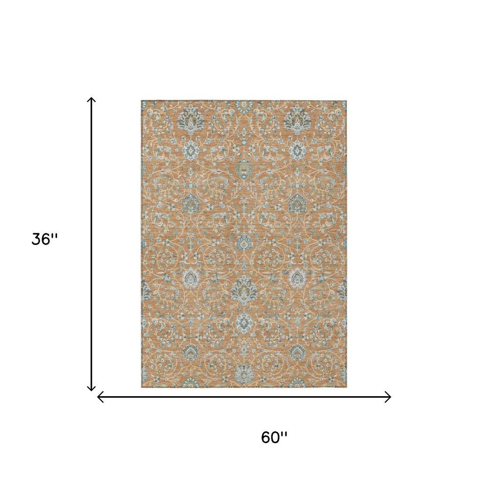 3' X 5' Copper And Orange Floral Washable Indoor Outdoor Area Rug HomeRoots