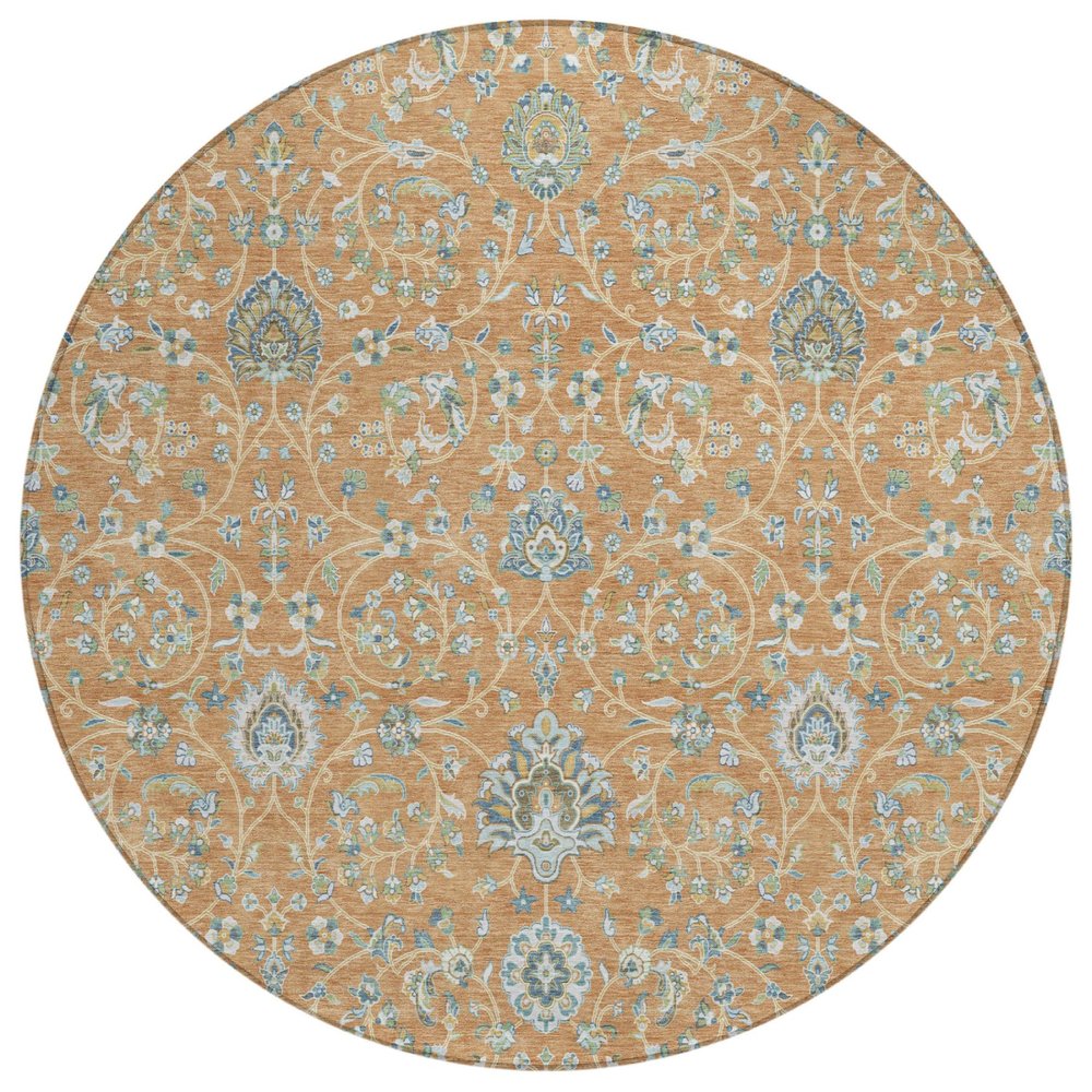 8' Copper And Orange Round Floral Washable Indoor Outdoor Area Rug — view 1
