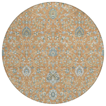 8' Copper And Orange Round Floral Washable Indoor Outdoor Area Rug HomeRoots