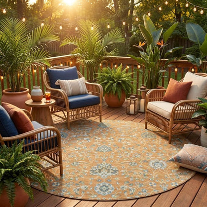 8' Copper And Orange Round Floral Washable Indoor Outdoor Area Rug HomeRoots