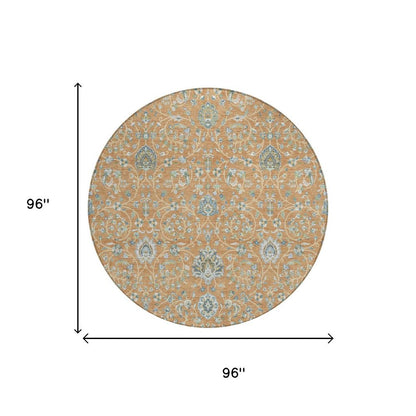 8' Copper And Orange Round Floral Washable Indoor Outdoor Area Rug HomeRoots