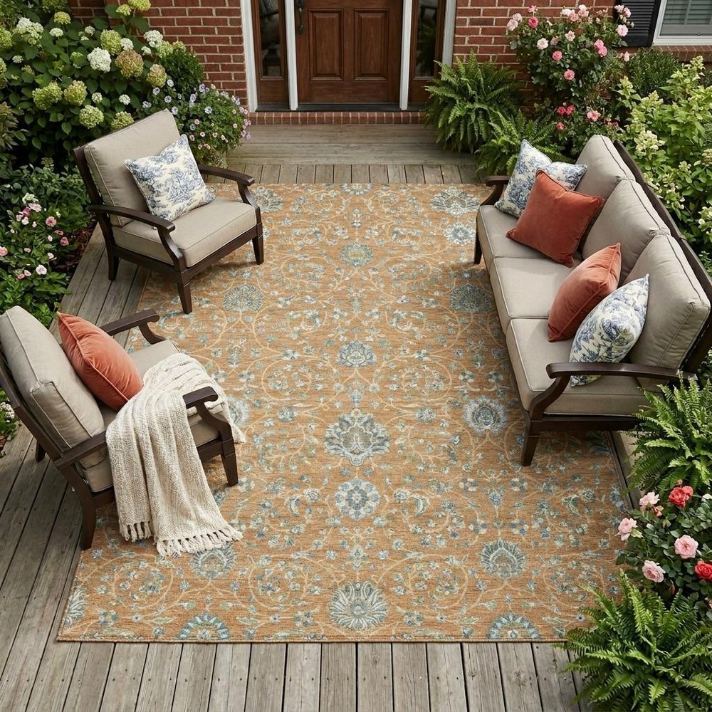8' X 10' Copper And Orange Floral Washable Indoor Outdoor Area Rug HomeRoots