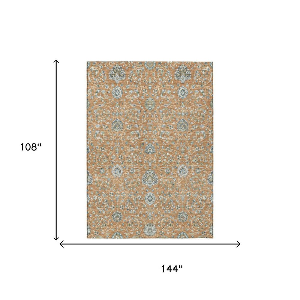 9' X 12' Copper And Orange Floral Washable Indoor Outdoor Area Rug — view 4