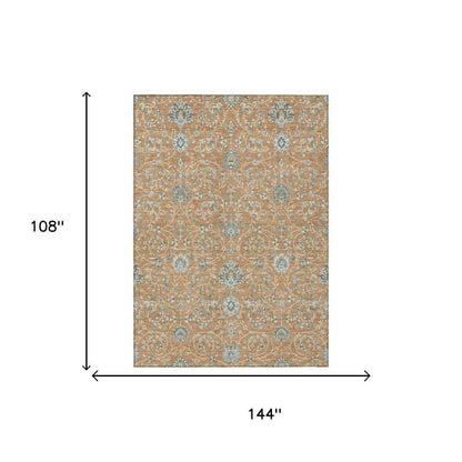 9' X 12' Copper And Orange Floral Washable Indoor Outdoor Area Rug HomeRoots