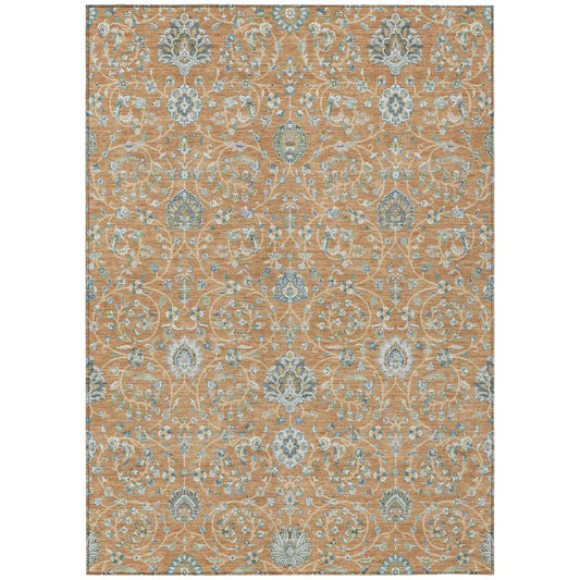 9' X 12' Copper And Orange Floral Washable Indoor Outdoor Area Rug