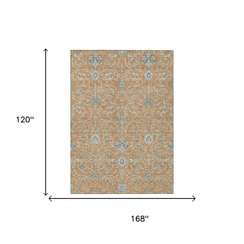 10' X 14' Copper And Orange Floral Washable Indoor Outdoor Area Rug — view 4