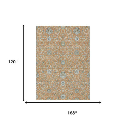 10' X 14' Copper And Orange Floral Washable Indoor Outdoor Area Rug HomeRoots