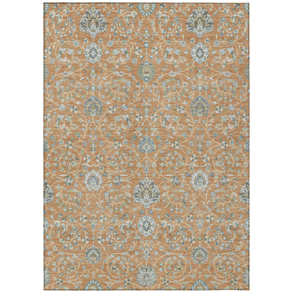 10' X 14' Copper And Orange Floral Washable Indoor Outdoor Area Rug — view 1