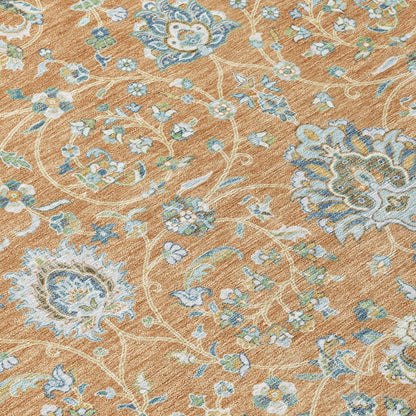 10' X 14' Copper And Orange Floral Washable Indoor Outdoor Area Rug