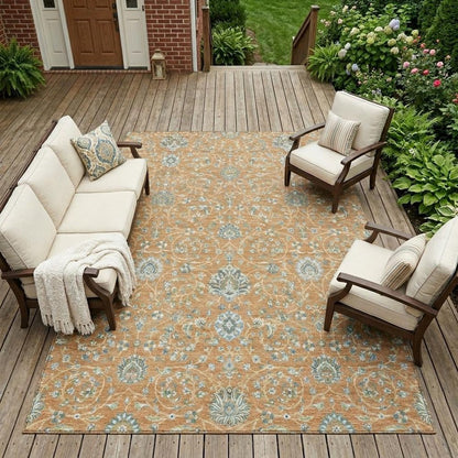 10' X 14' Copper And Orange Floral Washable Indoor Outdoor Area Rug
