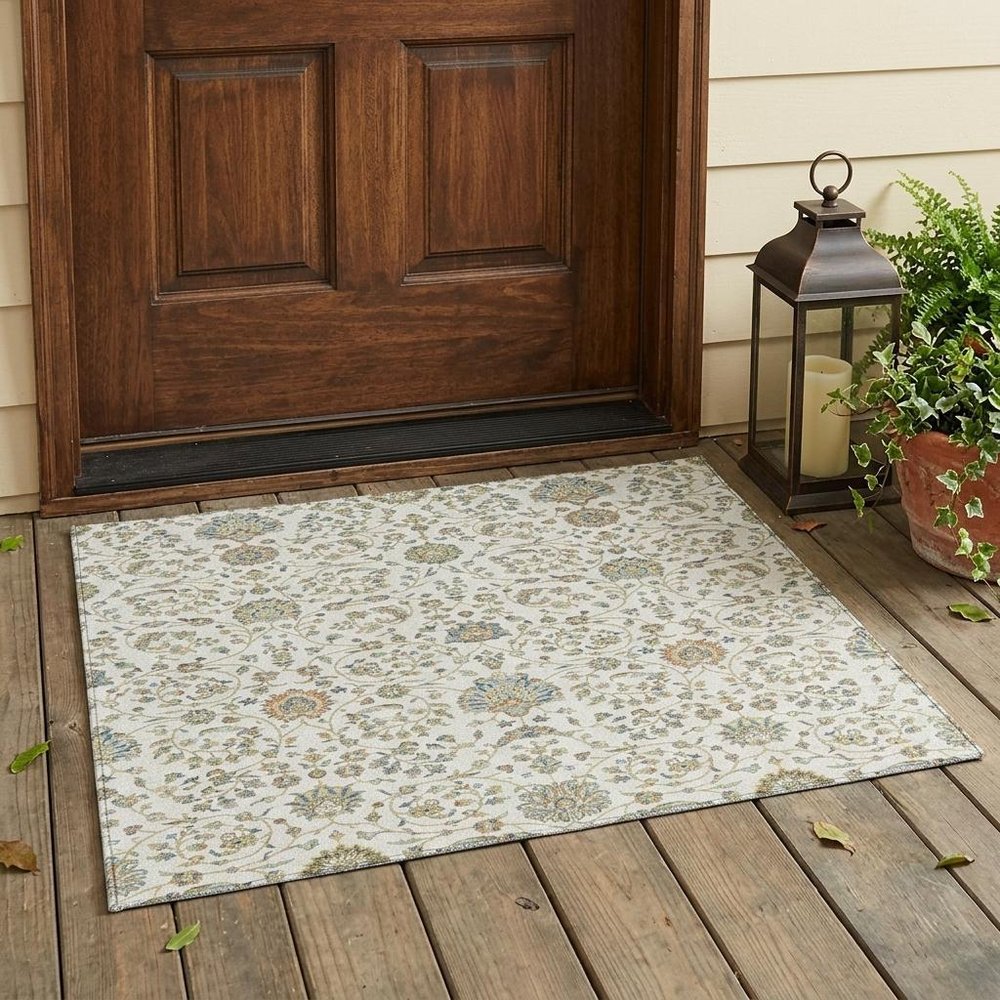 3' X 5' Ivory And Khaki Floral Washable Indoor Outdoor Area Rug — view 5