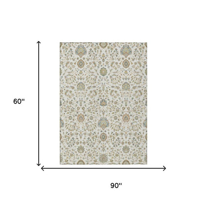 5' X 8' Ivory And Khaki Floral Washable Indoor Outdoor Area Rug