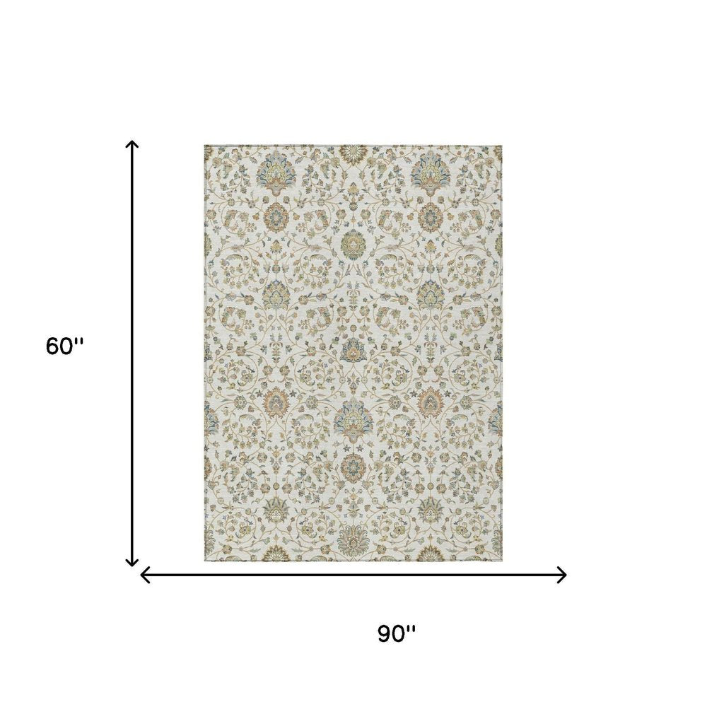 5' X 8' Ivory And Khaki Floral Washable Indoor Outdoor Area Rug HomeRoots