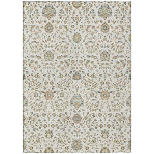 5' X 8' Ivory And Khaki Floral Washable Indoor Outdoor Area Rug