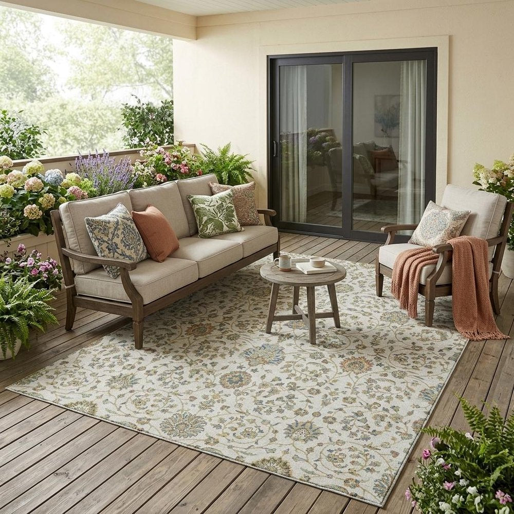 5' X 8' Ivory And Khaki Floral Washable Indoor Outdoor Area Rug HomeRoots