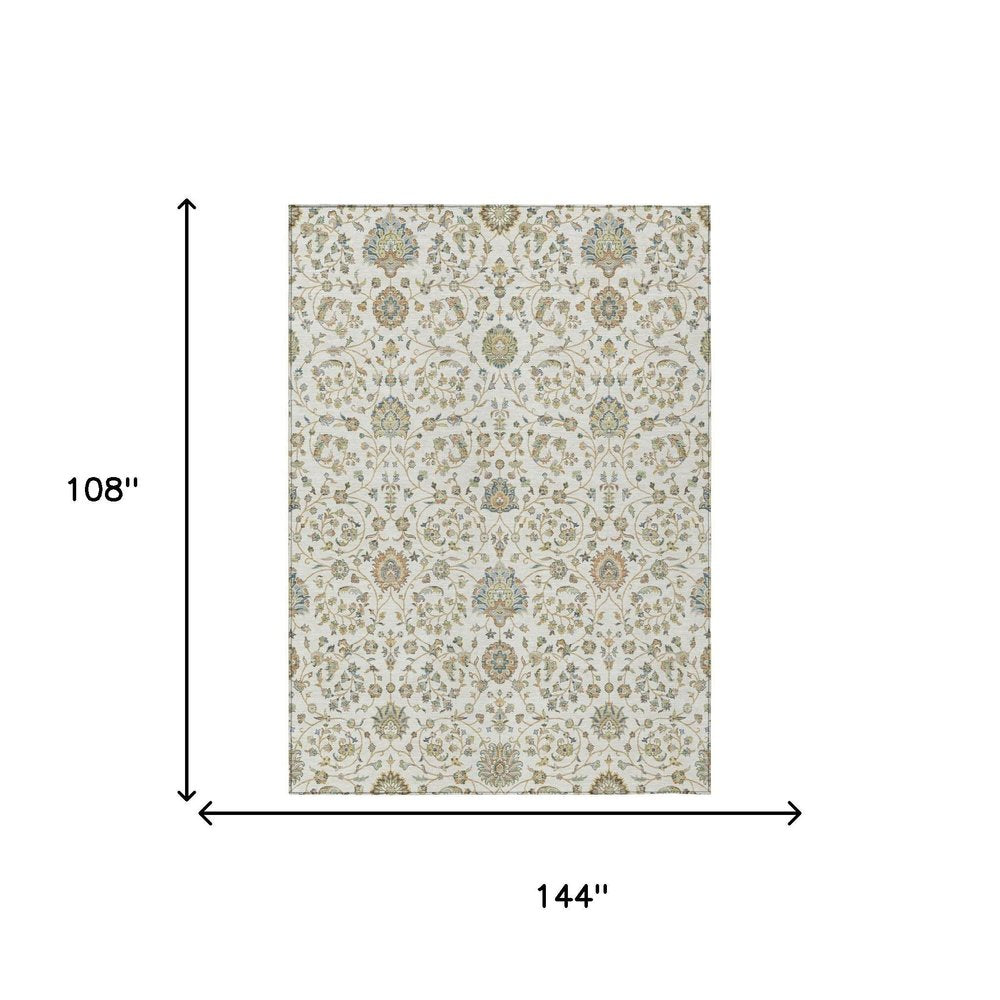 9' X 12' Ivory And Khaki Floral Washable Indoor Outdoor Area Rug HomeRoots