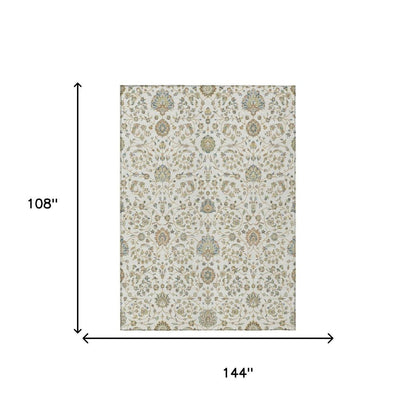 9' X 12' Ivory And Khaki Floral Washable Indoor Outdoor Area Rug HomeRoots