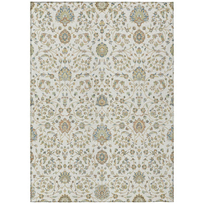9' X 12' Ivory And Khaki Floral Washable Indoor Outdoor Area Rug