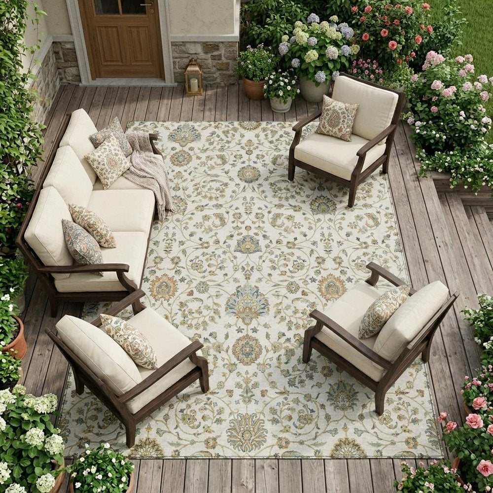 9' X 12' Ivory And Khaki Floral Washable Indoor Outdoor Area Rug HomeRoots