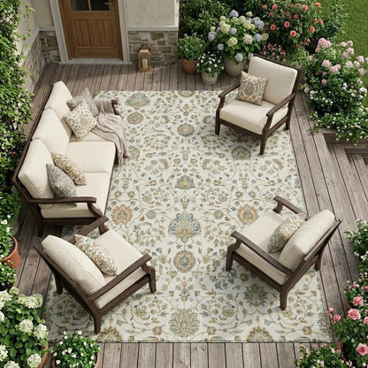 9' X 12' Ivory And Khaki Floral Washable Indoor Outdoor Area Rug HomeRoots